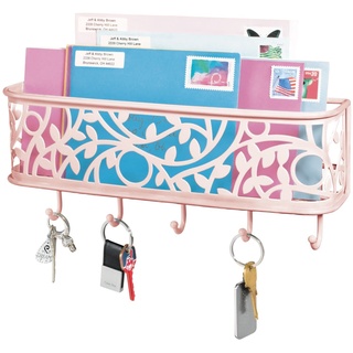 mDesign praktische Briefablage mit Korb für Flur und Küche – kompaktes Schlüsselboard mit 1 Fach für Post und 5 Haken – wandmontiertes Schlüsselbrett aus Metall – rosa