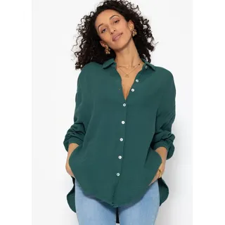 SASSYCLASSY Longbluse Oversize Musselin Bluse Damen kurz Langarm Elegant Hemdbluse lang aus Baumwolle mit V-Ausschnitt, One Size (Gr. 36-48) beige|grün