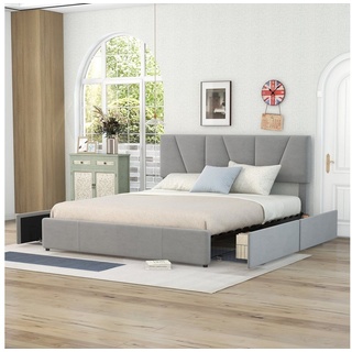 OKWISH Bett Double Size Polster Plattform Bett, gepolstertes Bett (mit vier Schubladen auf zwei Seiten,Verstellbares Kopfteil, 160 x 200 cm), Ohne Matratze grau