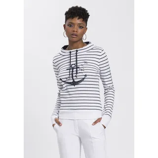 Sweatshirt KANGAROOS Gr. 32/34 (XS), bunt (wollweiß, marine) Damen Sweatshirts mit sportlichem Stehkragen und maritimen Druck