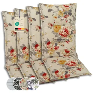 GO-DE Textil Bequeme und attraktive Polsterauflagen für Hochlehner-Gartenstühle (4er-Set, Blumen bunt beige, Hochlehner)