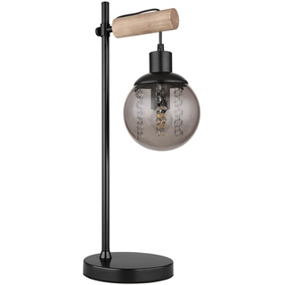 Tischlampe Retro Holzleuchte Tischleuchte Nachttischlampe, Metall schwarz, Glaskugel rauch, höhenverstellbar, 1x E27, LxBxH 24x18x55 cm