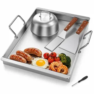 Plancha Grillplatte Edelstahl 40x30 cm, Set inkl. Hamburger-Deckel | Plancha Edelstahl für Gasgrill: 6-teilig mit Hamburger-Deckel, 2 Spateln & Griffen – 4 mm massiv, spülmaschinenfest