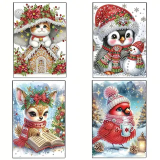 Diamond Art Painting Weihnachten Notizbuch A5, DIY Weihnachten 50 Seiten Skizzenbuch Blanko, Diamont Painting Notizbuch mit Exquisitem Musterdesign, Tagebuch Leder, Skizzenbuch-4 Stuck-D