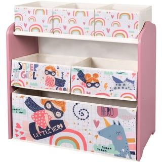 eSituro Kinderzimmerregal, Spielug Organizer mit 6 Stoffboxen Bücherregal für Kinder, Spielzeugregal Rosa mit Cartoon-Motiven Aufbewahrungsregal Kinderzimmer, Schule, Kindergarten 63X30X60cm