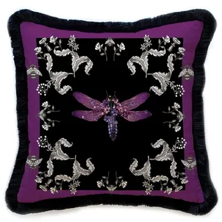 Casa Padrino Luxus Deko Kissen Libelle & Blumen Lila / Grau / Schwarz 45 x 45 cm - Bedrucktes Samt Kissen mit Fransen - Luxus Deko Accessoires