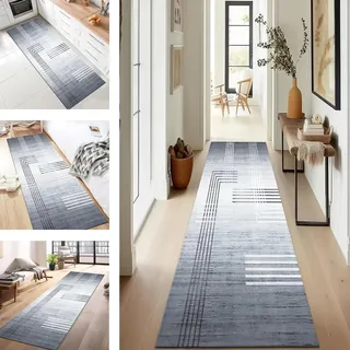 Teppich Läufer Flur Abstrakt rutschfest Waschbar 100X350CM Modern Vintage Kücheläufer Teppichläufer Grau gestreift Polyester Teppichmatte Teppichläufer für Korridor Schlafzimmer Innen Wohnzimmer