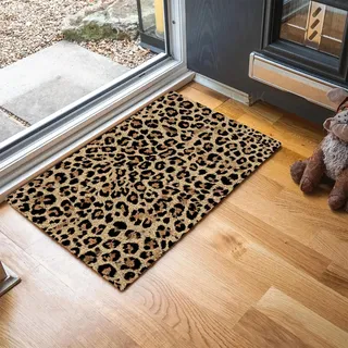 MLSOWM Schmutzfangmatte Innen Tiertexturen Waschbarer Fussmatte Leopardenmuster Teppiche, Niedriger Flor, rutschfest, Weiche, Eingangstürmatte für Flur Eingangsbereich Küche,90 x 150 cm, Braun