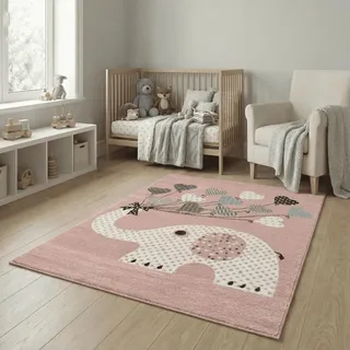 Fashion4Home | Kinderteppiche Elefant mit Herzen Ballons | Kinderteppich für Mädchen und Jungs | Teppich für Kinderzimmer | Schadstofffrei,160x230 cm, Rosa