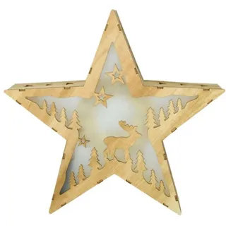 Harms Import Weihnachtsstern Leuchtstern Dekoleuchte Adventsstern Holzstern Weihnachtsdekoration Wohnzimmer, Sperrholz Natur Rentier Motiv, 10x LED 0,06 Watt warmweiß, Hxlxb 30x31,5x6 cm