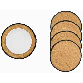 Jute Tischset Rund 38 cm – Handgefertigte Platzmatte im Boho Stil – Natur mit Schwarzem Rand – Platzset/Untersetzer für Esstisch Deko (6er Set)
