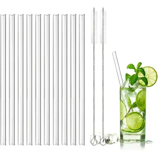 DONQL 10 Stück Glasstrohhalme Glas Wiederverwendbar Trinkhalme Qualität Trinkhalme aus Glas mit 2 Reinigungsbürsten Länge 20cm Perfekt für alle Getränke Milch (Gerade)