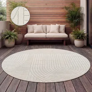 Paco Home Teppich Outdoor Wetterfest, Moderne abstrakte Boho Designs mit 3D Struktur, Pflegeleicht, ideal für Terrasse Wohnzimmer & Küche, Grösse:200 cm Rund, Farbe:Creme 8