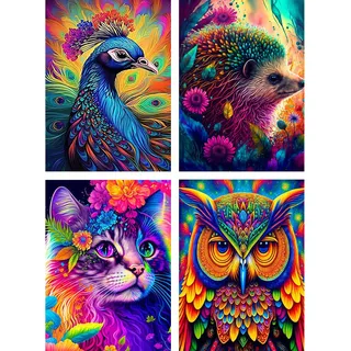 NAIMOER 4Packs Tiere Diamond Painting Kits für Erwachsene Kinder, 5D Diamant Painting Bilder, Diamond Painting Blumen Kinder Diamond Malerei Set für Home Dekor 30x40cm(Pfau, Lgel, Katze, Eule)