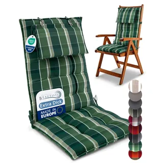 Beautissu 6er Set Premium Hochlehner Auflage Kopfpolster 120x50cm Sun-HL – 8cm Dick Polster Gartenstuhlauflage rutschfest Befestigungsbänder UV-Lichtechtheit 5 – Robust Stoff Grün kariert