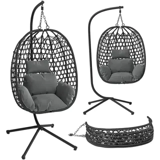 STEELSØN Hängesessel Sarin mit Sitzkissen (grau, bis 150 kg belastbar), Rattan-Korb & Metallgestell, Indoor & Outdoor geeignet schwarz