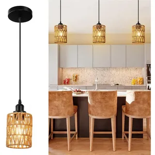 LMaxhome Pendelleuchte Hängeleuchte Rattan,Boho Pendelleuchte 3-flammig mit Led Glühbirne, LED wechselbar, Halogen, Warmweiß, Pendelleuchte Esstisch,Pendelleuchte Höhenverstellbar