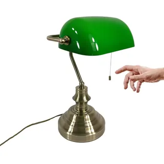 Dapo Tischleuchte Bankerslamp mit Zugschalter E27 (Höhe ca 37,5cm) Bankerlampe grün Schreibtischleuchte antik messing Schirm grün Arbeits-Nachttisch-Tischlampe-Leuchte antik retro Nostalgie