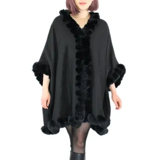 dy_mode Poncho Damen Poncho mit Innenfutter und Kunstfell in Unifarben und Meliert mit Innenfutter schwarz