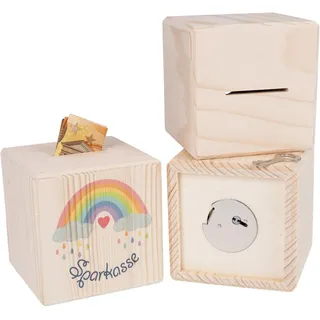 Holz Frank Spardose Holz Spardose Würfel mit Metallschloss - Regenbogen für Kinder, (3-tlg) beige