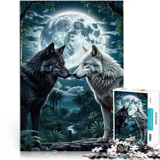für Erwachsene 1000-Teile-Puzzle “Zwei Wölfe im Wald Mond” Aus Holz,für Kinder ab 14 Jahren Quizspiel Geschenkideen。Größe:50x75cm/19.6x29.5Zoll