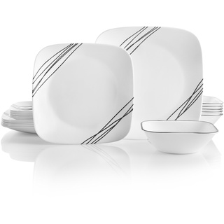 Corelle 18-piece Dinner Set, Simple Sketch, Black and White for 6, Chip Resistant Dinnerware, includes 26cm square dinner plates, 17cm square salad/side plates and 530ml square soup/cereal bowls