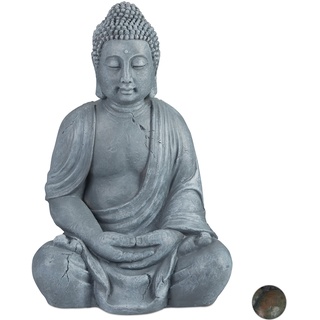 Relaxdays Buddha Figur sitzend, XL 70 cm, Gartenfigur, Dekofigur Wohnzimmer, wetterfest & frostsicher, hellgrau