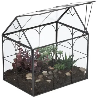 relaxdays Dekovase Pflanzenterrarium Glas Hausform (1 St), schwarz schwarz|weiß