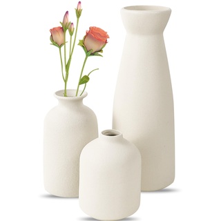 Keramik Vasen-Set of 3 Kleine Vasen Deko Weiße Blumenvasen Modern Rustikale Bauernhaus Home Decor Keramikvase,Dekorative Vasen für Pampasgras Grass&getrocknete Blumen (Reis Weiß)