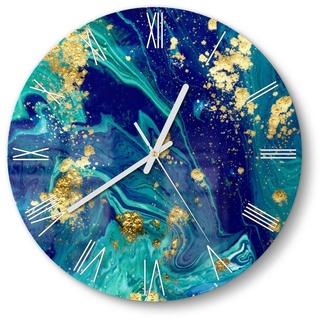 DEQORI Wanduhr 'Marmor mit Goldakzent' (Glas Glasuhr modern Wand Uhr Design Küchenuhr) blau 30 cm x 30 cm