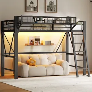 Merax Etagenbett Hochbett 90x200 cm, Metall Kinderhochbett mit LED Beleuchtung, Aufbewahrungskorb, Sicherheitsgeländer, Jugendbett Stockbett, Schwarz - Schwarz