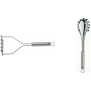 WMF Profi Plus Kartoffelstampfer 29 cm, spülmaschinengeeignet & Profi Plus Spaghettilöffel 32 cm, Cromargan Edelstahl teilmattiert, ideal als Nudelzange und Spaghettizange, spülmaschinengeeignet