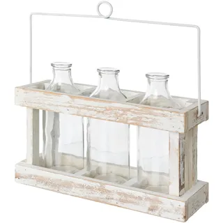 creativ home Dekovase CREATIV HOME "Holzbox mit 3 Glasflaschen", transparent (weiß), B:29cm H:20cm T:10cm, Vasen, mit dekorativem Henkel