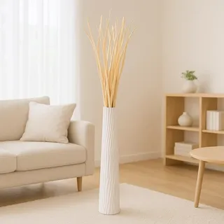 Leewadee Große Deko Bodenvase Für Dekozweige, Hohe Standvase Für Pampasgras, Design Holzvase, 90 cm, Weiß