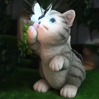 Starnearby Gartendeko Katze Deko Gartenfiguren mit Solar Laterne, Wetterfest Solarlampen für Außen, Balkon, Garten, Katze Top Schmetterling Gartenstatuen, Geschenke für Mama, Frauen, Männer, Grau