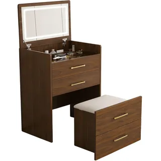 SCHMINKTISCH 3-in-1 Set Walnuss-Optik & Glas mit LED-Klappspiegel & Hocker