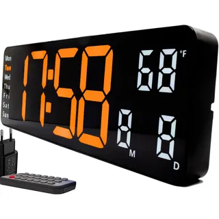 Opis Clock 1 XL (Orange/Weiß): Große Digitale Wanduhr mit LED, Leuchtend, digital mit Temperaturanzeige - Wohnzimmer, Büro, Badezimmer, Küche, Sportstudio, Lobby, geräuschlos