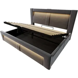 URBAN MEUBLE Polsterbett mit Stauraum, 180 x 200 cm, hydraulische Liftfunktion, LED-Beleuchtung, USB- & Typ-C-Anschlüsse, geschwungene Bettkopfplatte, Grau, Queen Size