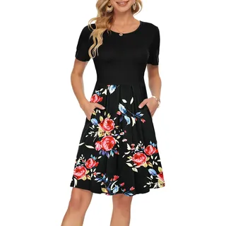 AUSELILY Damen Kurzarm Plissee Loose Swing Freizeitkleid mit Taschen Knielang Schwarze Rose Schwarz,36-38 - M