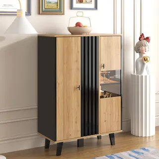 Merax Kommode, Vielseitig Sideboard mit Glas und LED-Beleuchtung, Modern Schrank für Esszimmer Wohnzimmer Schlafzimmer, Holzfarbe, 80L x 40B x 120H cm