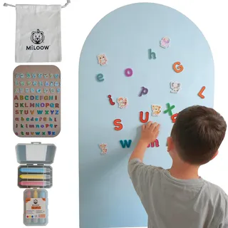 Miloow Magnettafel Kinder 100x60 Selbstklebende Magnetwand & Magnetfolie fürs Kinderzimmer Montessori Lernspiel mit Stiften, Tier- & Buchstabenmagneten (Light Blue)