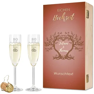 GRAVURZEILE Leonardo Sektgläser mit Gravur - Eichenhochzeit 80 Jahre - Personalisiert mit Namen & Datum inkl. Holzkiste - Geschenk zur Hochzeit Verlobung Jahrestag - Farbe: Sekt