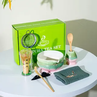 Matcha-Schneebesen-Set mit grüner Geschenkbox, traditionelles japanisches Teezeremonie-Set, Ofenwechsel, glasierte Keramik, horizontal gestreift, Matcha-Schüssel-Set für Matcha-Liebhaber, Rosa, Grün