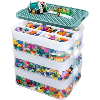 Trintion Aufbewahrungsboxen für Lego, 3-stöckige große stapelbare Aufbewahrungsbox mit Deckeln und verstellbaren Fächern, Lego-Organizer für Bausteine, Ziegel, Puzzle-Board-Organizer (Blau)