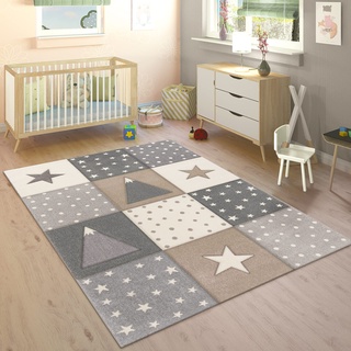 Teppich Kinderzimmer Kinderteppich Junge Mädchen Pastell 3D Effekt Modern Berge Sterne Punkte Beige Schwarz, Grösse:240x340 cm