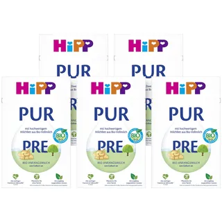 HiPP PRE PUR Anfangsmilch (5 x 500g), von Geburt an, mit hochwertigem Milchfett aus Bio-Vollmilch, ohne Palmöl, nur Lactose, mit wichtigen Vitaminen & Nährstoffen, vollmundig im Geschmack