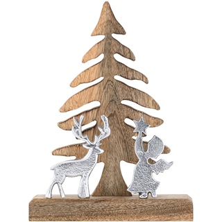 kreatives Wohnen Holzfigur Weihnachtsbaum mit Hirsch u. Engel 20x27cm Weihnachtsdeko Mangoholz Aluminium