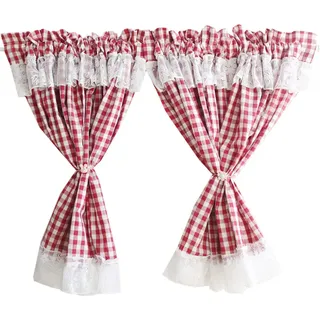 ACMHNC Scheibengardine Landhaus Vintage, Karierte Küche Gardine mit Spitze, Kurzstores Gardinen Kleinfenster Kurz Bistrogardine 2er Set,W x H 115x98cm