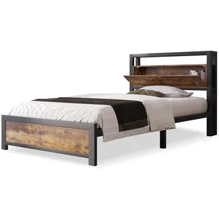 Merax Metallbett Einzelbett 90 x 200 cm mit Stauraum-Kopfteil, Metall Bettgestell Bettrahmen Für Erwachsene, Schwarz Industrielles Bett