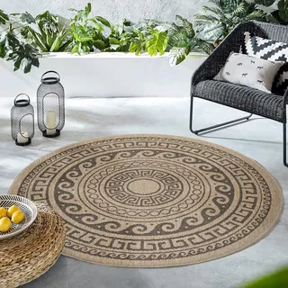 HomebyHome In & Outdoor Teppich Wetterfest Rund 80 cm Schwarz, Sisal und Jute Optik Balkon Teppich Wasserfest - Teppich Küche, Waschbarer Greek Design Camping Garten Terasse Outdoorteppich